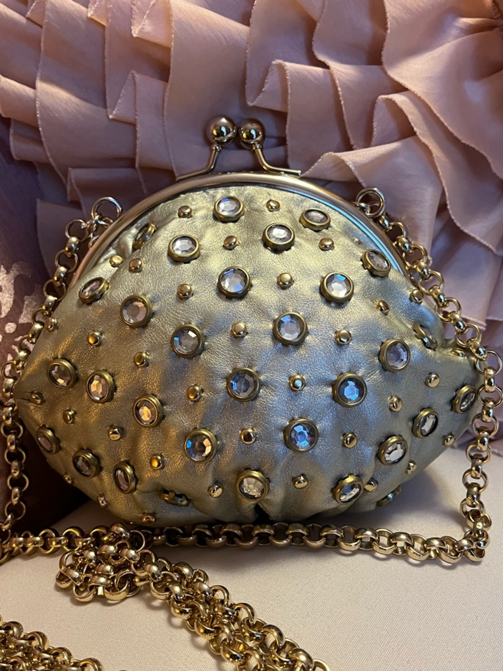 Kathy Van Zeeland Gold Kiss Lock Jeweled Crossbody Bag, EUC